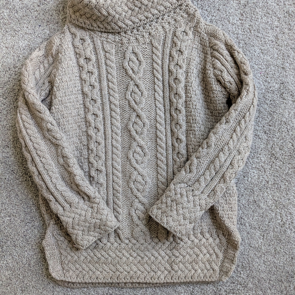 Aran Irish Wool Cream Cowl Neck Cable Knit Sweater